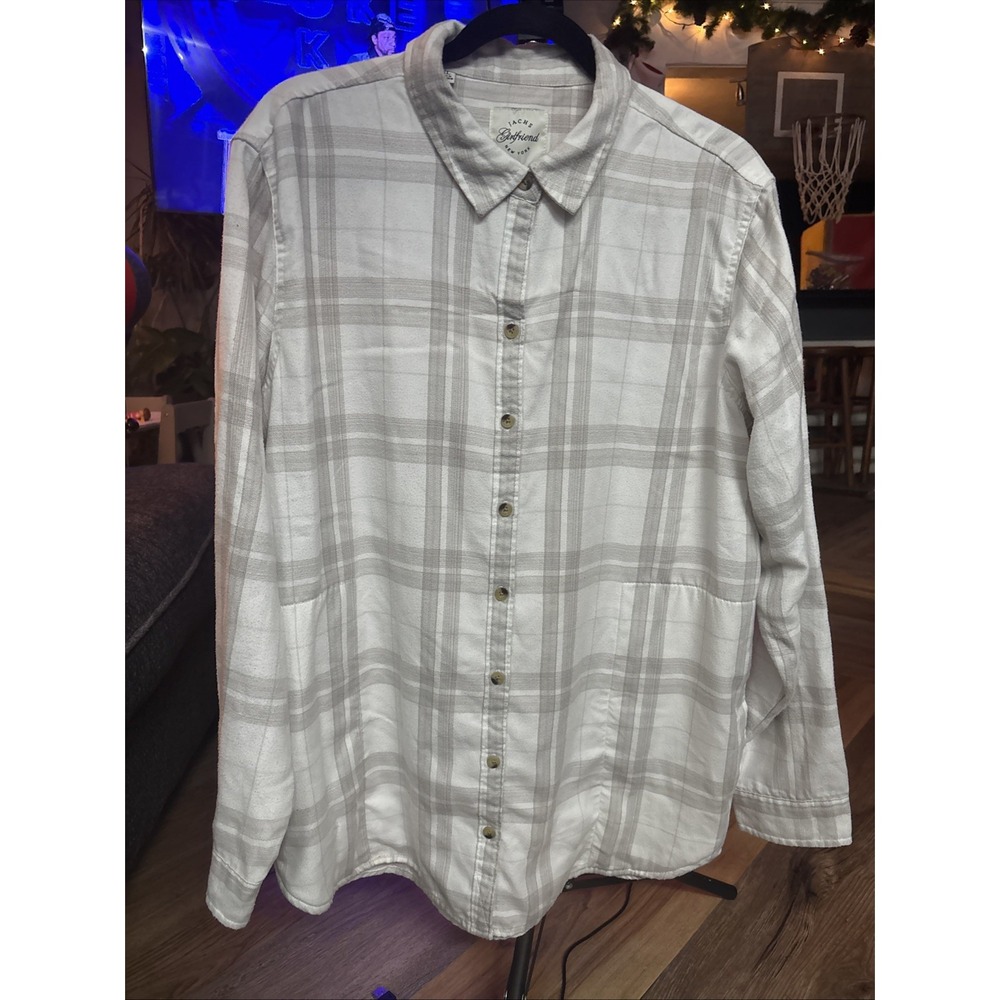 Jachs Girlfriend NY XL White Taupe Plaid Soft Flannel Shirt Side Pockets